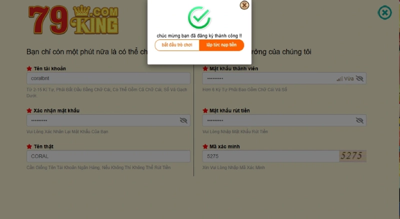 Giao diện khi đăng ký thành công tại 79king