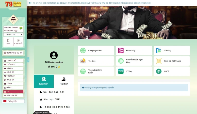 Các phương thức nạp tiền 79king tiện lợi